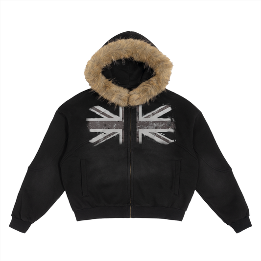 Union jack - Sun Fade Boxy Detachable Fur Hoodie